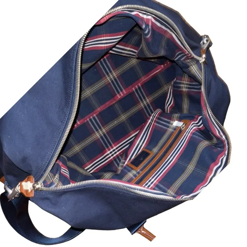 Brooks Brothers Navy Blue Canvas Brown Leather Trim Weekender Duffle Bag